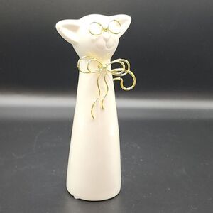 Ceramic Cat Figurine With Gold Wire Glasses And‎ Bow